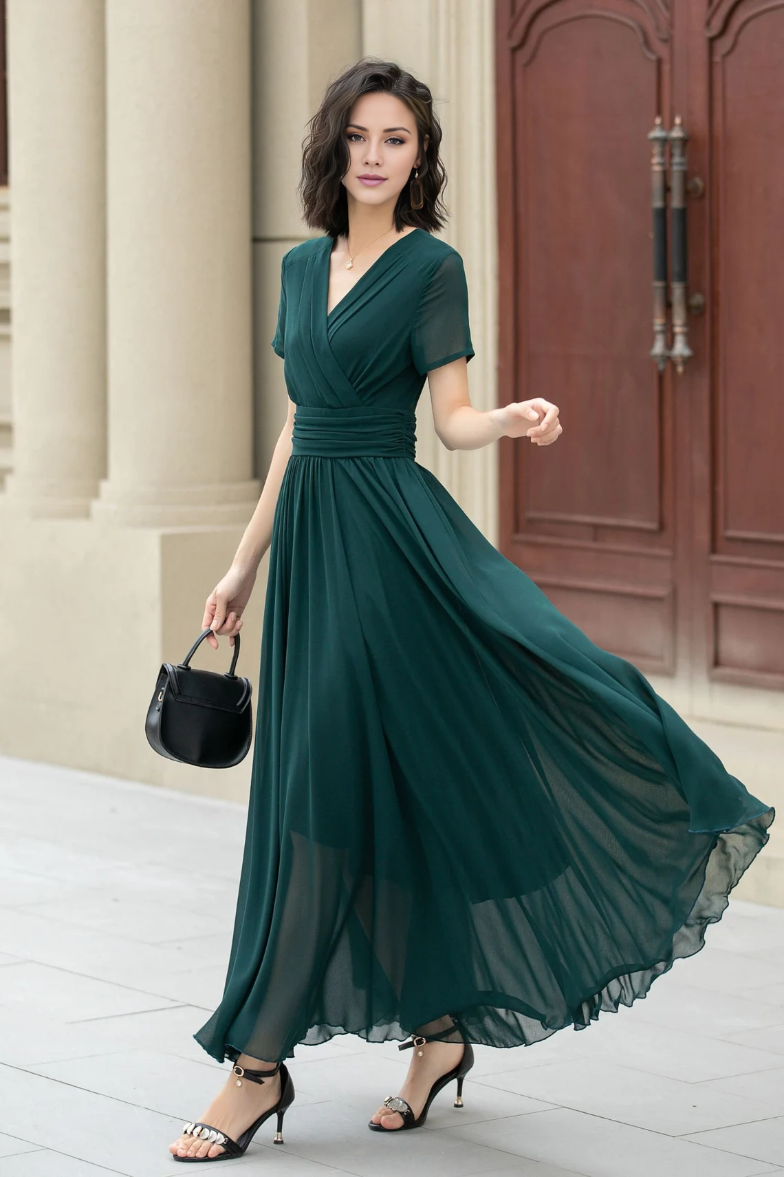 Jimiss - Abito da ballo lungo e fluido in chiffon con scollo a V e maniche corte